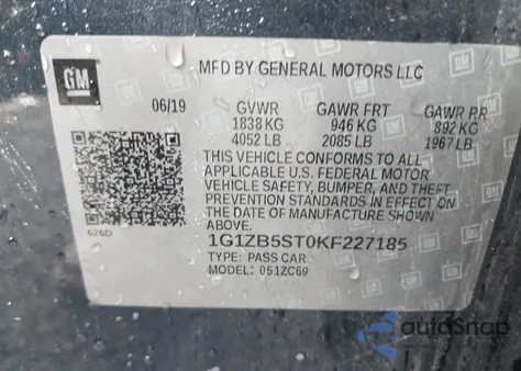 2019 Chevrolet Malibu 1Ls из США, поврежденный, VIN 1G1ZB5ST0KF227185